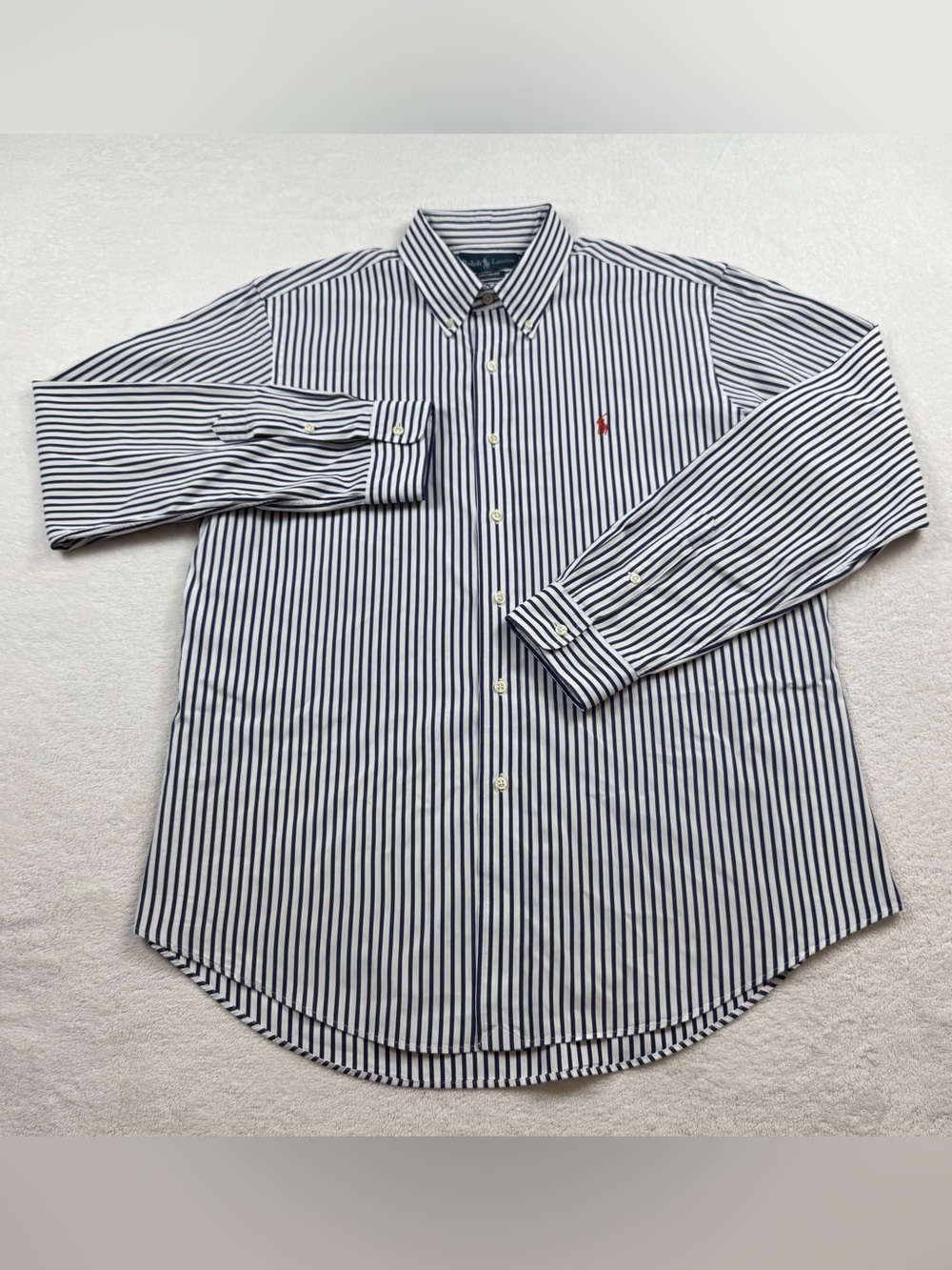 VTG Polo by Ralph Lauren Men’s White & Navy Vertical Stripe Button-Down Shirt